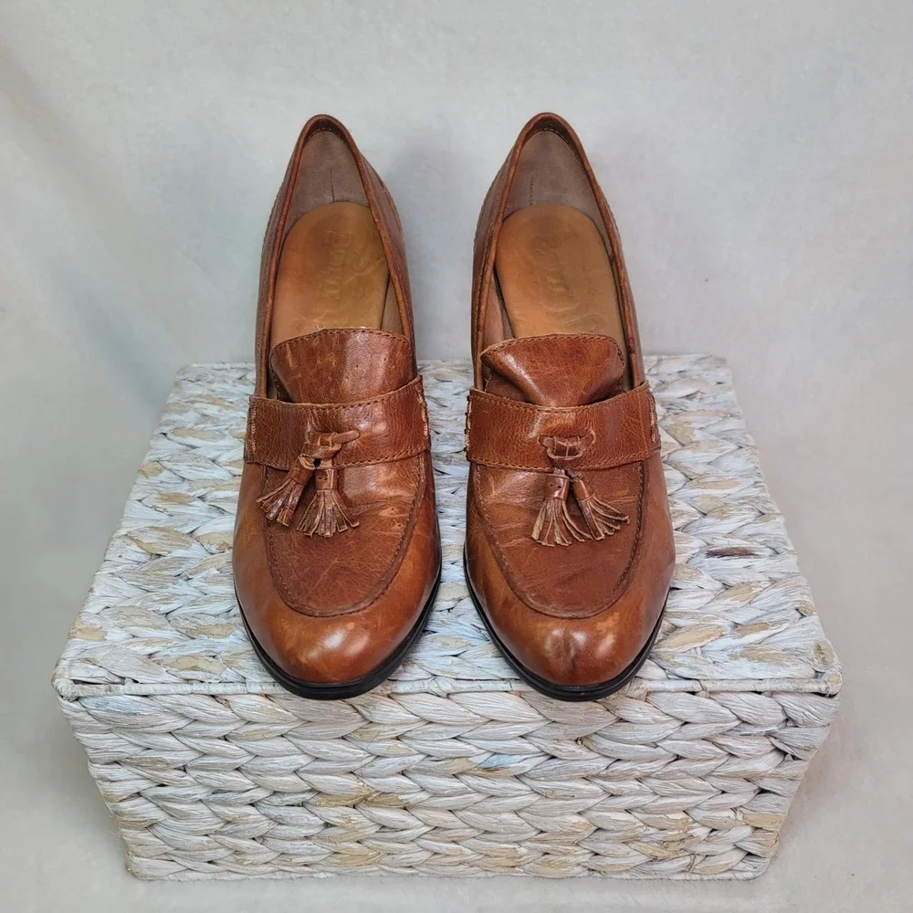 Born Nance Style Heel Loafer Academia Witchy Boho Brown Leather Tassel Size 8 - Picture 3 of 7